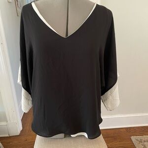 White House Black Market V-Neck Black Blouse with White Trim